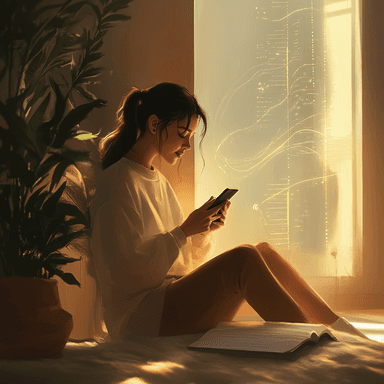 A calm cozy indoor scene with a young adult sitting